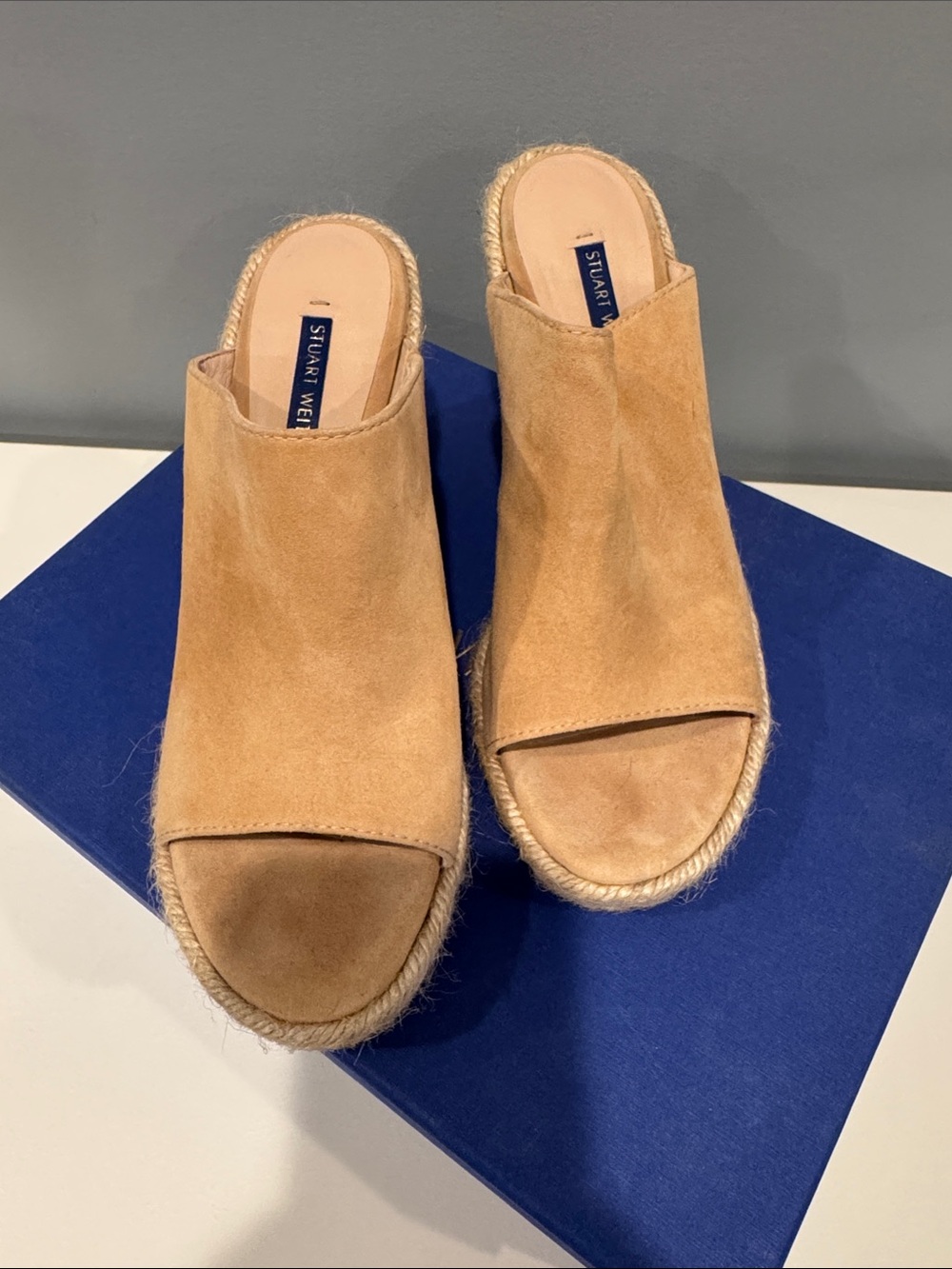Stuart Weitzman Tan Suede Espadrille Slide Mules with Rope Trim